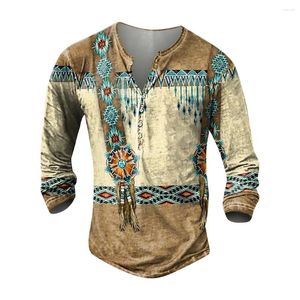 T-shirts pour hommes Henley Shirt Sweatshirt Pull Bouton Col Montant Manches Longues T-shirts Imprimés Ethnique Casual Mode Lâche Tops d'extérieur