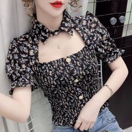 Heren t shirts herstory vrouwen uitgesneden print slanke kawaii zoete blouse rimpel korte mouw mode elegant 2023 zomer sexy bloemen top