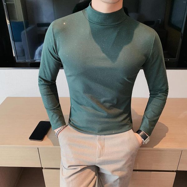 Camisetas para hombre, camiseta de manga larga brillante de tendencia de clase alta para hombres en la primavera de 2023, versión coreana para jóvenes, Top ajustado con cuello elástico