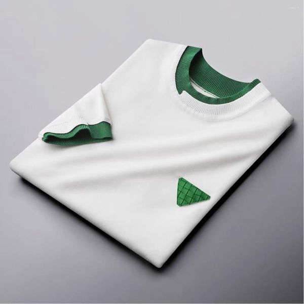 Camisetas de alta gama para hombre, camiseta de punto de costura blanca y verde de lujo, camiseta informal de manga corta para hombre, bordado redondo de moda coreana de verano