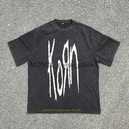 Camisetas masculinas Camiseta de algodón de alta calidad hombre de alta resistencia Korn Rock Band Washed Hild High Street Diseño de manga corta H240408