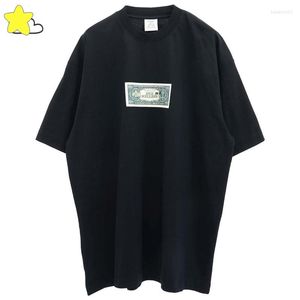 Mannen T-shirts High Street Bankbiljet Afdrukken Tee Terug Kleine Geborduurde LOGO Vetements Shirt Mannen Vrouwen Katoenen Top Zwart Wit