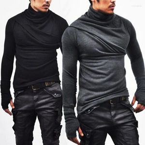 T-shirts pour hommes High Street Plis Gants T-shirt à manches longues 2024 Automne Hiver Solide Col roulé Chaud Casual Outdoor Streetwear