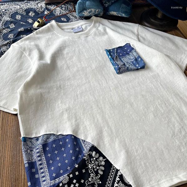 Camisetas para hombre, camiseta de retazos con bolsillos de calle alta, camiseta informal con gráfico de Cachemira Y2k, ropa de calle, Top corto, camisetas versátiles