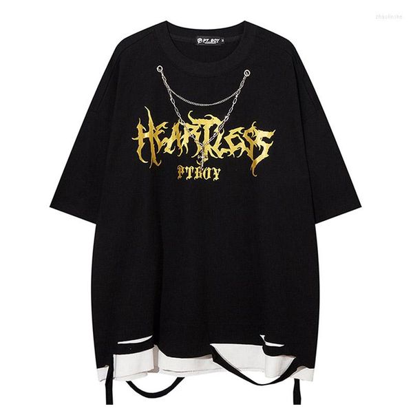 Camisetas de hombre High Street Printed Black Casual con cadenas Ripped O Neck Top Tees para hombre de manga corta de gran tamaño