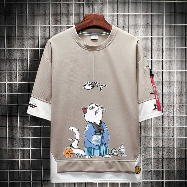 Camisetas de hombre Hip Hop Kahaki Camiseta de manga corta Kawaii Harajuku Cat Camisetas Moda Camiseta Streetwear Japón High Street Shirt Hombres 2021 Tops L230515