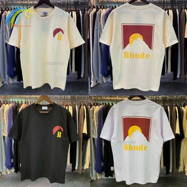 T-shirts pour hommes Hip Hop Lâche Moonlight Rhude T-shirt Hommes Femmes 1 Étiquettes 100% Coton Coucher de Soleil Impression Blanc Abricot Top Tee 396