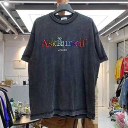 T-shirts pour hommes Hip-hop arc-en-ciel monogramme brodé lavage backline t-shirt à manches courtes homme T221130