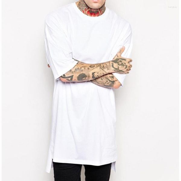 Camisetas para hombres Ropa de estilo Hip Hop Camisa casual de manga larga para hombre Dobladillo irregular Camisetas de longitud extendida División lateral Ropa de calle sólida Tops Tee