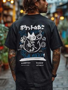 T-shirts voor heren Hiphop T-shirt Mannen Vrouwen Streetwear Japanse Kanji Grappige Kat Print T-shirt 2024 Harajuku Katoen Casual korte mouw T-shirt Tops T240124