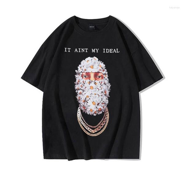 T-shirts pour hommes T-shirts Hip Hop Masque de fleur Hommes Lettre Imprimer Casual Manches courtes T-shirts pour hommes Col rond Surdimensionné Coton Streetwear Haut ample