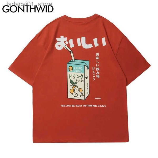 Camisetas para hombres Hip Hop camiseta 2023 hombres japonés Kanji letra bebida impresión bordado camiseta streetwear harajuku verano manga corta camisetaq240116
