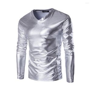T-shirts pour hommes Hipster Hommes Sexy Faux Cuir Brillant T-shirt Casual Manches Longues Col V Solide Couleur Undershirt Top