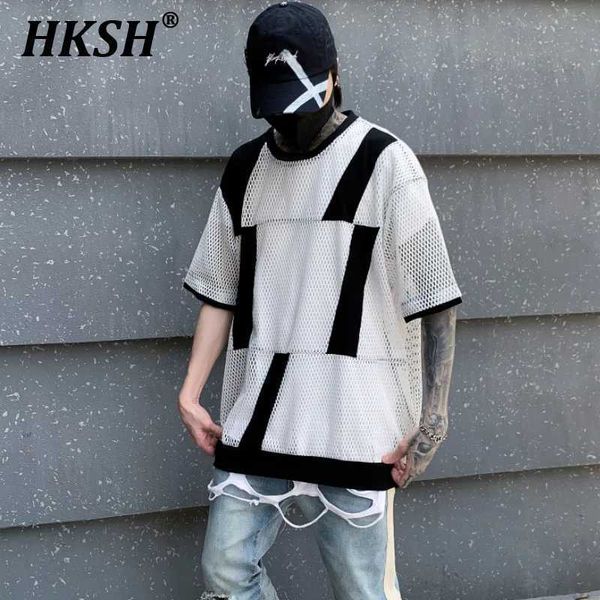 Camisetas para hombres HKSH Verano Nueva camiseta hueca en blanco y negro a juego de manga corta para hombre Moda de moda Camiseta de malla con cuello redondo HK0153 J240316