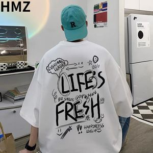 T-shirts voor heren HMZ American Street Graffiti Half Sleeves Men Oversize Tees Students Summer Loose Fashion Hip Hop T-shirt High Street Couple Tos 230717