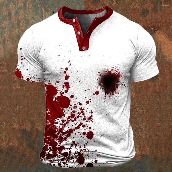 T-shirts pour hommes Horreur Sang 3D Imprimer Henley Casual Mode Streetwear Boutonné À Manches Courtes Chemise Homme Mâle T-shirts Hauts Vêtements