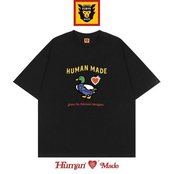 Camisetas de hombre HUMAN MADE Marca de moda japonesa divertida impresa de manga corta para hombres y mujeres de algodón puro suelto viento perezoso moda todo fósforo medias mangas