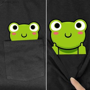 T-shirts hommes HX T-shirt en coton animal amusant et mignon grenouille majeur poche top autocollant imprimé t-shirt hommes été chemise décontractée S-7XL Q240316