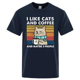 T-shirts pour hommes J'aime les chats et la rue du café T-shirt drôle pour hommes Mode Casual Vêtements de coton en vrac Crewneck T-shirt respirant Hip Hop Tees