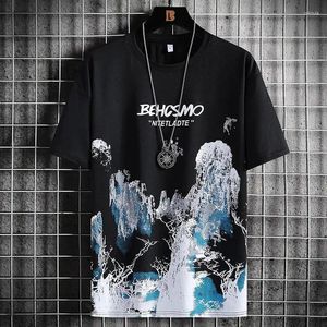 T-shirt à manches courtes en soie glacée pour hommes, hauts d'été, imprimé Harajuku, chemise ample, vêtements à bascule, 2023