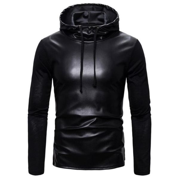 T-shirts masculins Idopy Automne hiver homme noir pu cuir hip hop t-shirt à manches longues à capuche