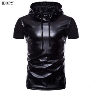 Camisetas de hombre Idopy Summer Hooded Black Leather T shirt Hombres de manga corta Slim Fit Casual Punk Rock Nightclub Hip Hop Camiseta con capucha 230522