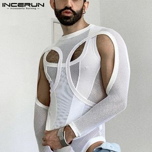 Camisetas de hombre INCERUN Body de hombre Malla Patchwork Ver a través de pijamas O cuello Mamelucos de manga larga Ropa interior 2023 Body sexy flaco S 5XL 230724