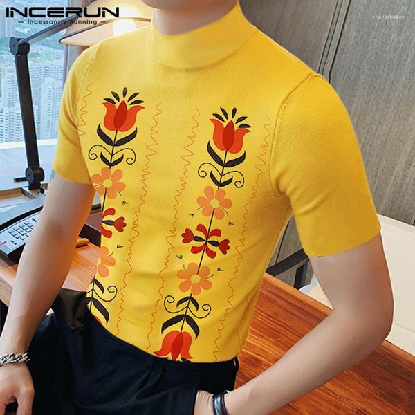 Camisetas para hombres INCERUN Camisa para hombres Impresión de flores Cuello alto Manga corta Estilo coreano Casual Tee Tops Streetwear Verano 2023 Ropa