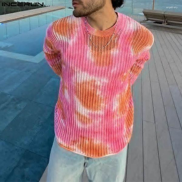 Camisetas de hombre INCERUN camisa de hombre Tie Dye malla transparente cuello redondo manga larga Sexy Camisteas Streetwear 2023 ropa de moda suelta S-5XL