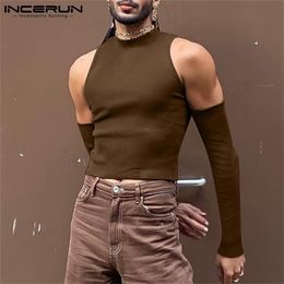 T-shirts pour hommes INCERUN Hommes T-shirt Couleur Unie Col Roulé À Manches Longues Hors Épaule Casual Camisetas Évider Streetwear Sexy Crop Tops 220906