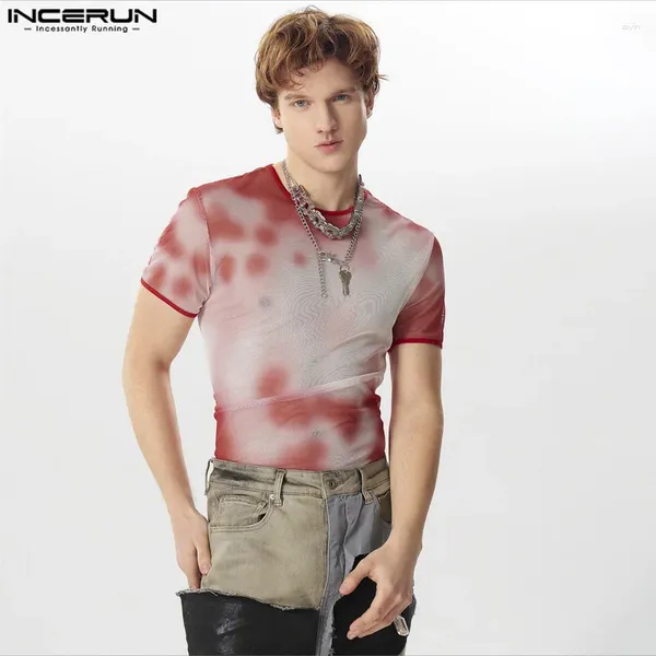 Camisetas para hombres INCERUN Hombres Tank Tops Tie Dye Mesh Transparente Sexy O-cuello Manga corta Camisetas Streetwear 2024 Fitness Ropa de moda