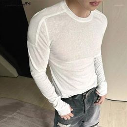 Camisetas para hombres INCERUN Tops 2023 Estilo coreano Hombres Blanco Micro Transparente Camisetas Casual Dedal Diseño O-cuello Manga larga Camiseta S-5XL