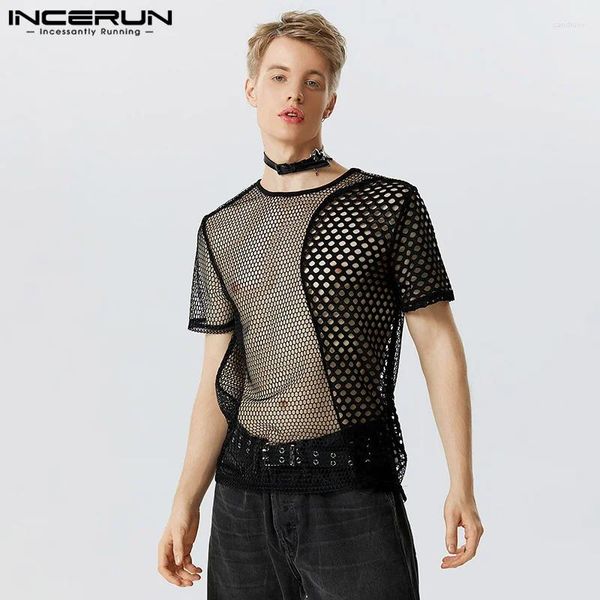 T-shirts pour hommes Incerun Tops 2024 Taille de style américain Transparent Mesh Patchwork T-shirts Casual Élégant Mince À Manches Courtes Camiseta S-5XL