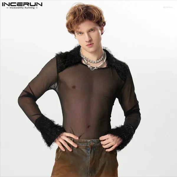 T-shirts pour hommes Incerun Tops 2024 Beau décolleté carré Patchwork T-shirts Sexy Mesh Mesh à manches longues Camiseta S-5XL