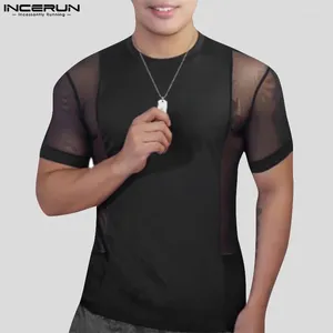 T-shirts voor heren INCERUN Tops 2024 Koreaanse stijl Nauw aansluitend Patchwork Mesh O-hals T-shirts Casual streetwear Korte mouwen Dun T-shirt S-5XL