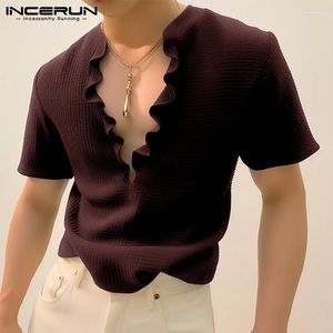 T-shirts pour hommes Incerun Tops 2024 Style coréen Handsome Men Flounce Design Solid T-shirts Fashion Sexy Cardigan à manches courtes Camiseta S-5XL