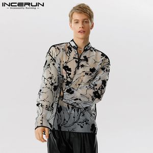 Heren T-shirts INCERUN Tops Chinoiserie Heren dunne bedrukking Doorzichtige mesh T-shirts Casual opstaande kraag Knoop T-shirts met lange mouwen S-5XL 230920