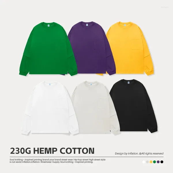 Camisetas para hombre INFLATION 2023, camisetas de lino y algodón pesado, manga larga extragrande lavada de Color sólido Unisex