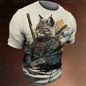 T-shirts voor heren Japan Samurai Cat Graphic T Shirts Cool Classic Art Style Mens en Dames Printing TS Fashion O-Neck Short Slve Loose Tops T240425