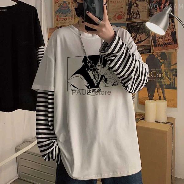 T-shirts pour hommes Japonais Anime Bungo Stray Dogs Harajuku T-shirt Kawaii Osamu Dazai Graphiques en noir et blanc Mode Hip Hop Rayé Manches longues L2312.21