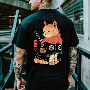 T-shirts voor heren Japanse samurai kat Harajuku Mens T-shirt Summer Strt Trend Zwart Casual T-shirt O-Neck korte mouwen zilveren top grote vintage kleding T240425