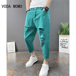 Camisetas de hombre Tendencia japonesa Nuevos hombres Pantalones vaqueros rasgados Blanco Verde Negro Hasta el tobillo Moda juvenil Pantalones de mezclilla sueltos Harem J230731