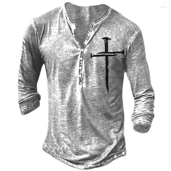 Hommes T-shirts Jésus Croix Style Henley Chemise Bouton T-shirts Printemps Automne Imitation Coton Col En V À Manches Longues Rue Tops Hommes Vêtements