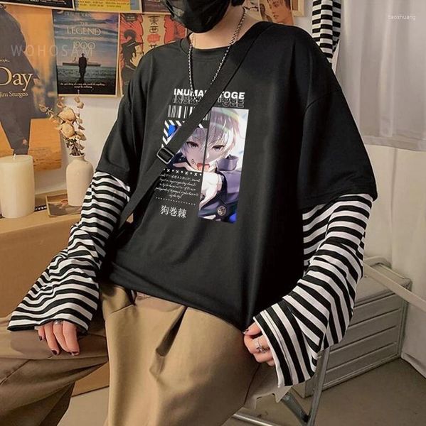 Camisetas para hombre Jujutsu Kaisen, camiseta de Anime para hombre y mujer, camisetas Harajuku con cara dividida Inumaki Toge, camisetas de manga larga a rayas Vintage de otoño