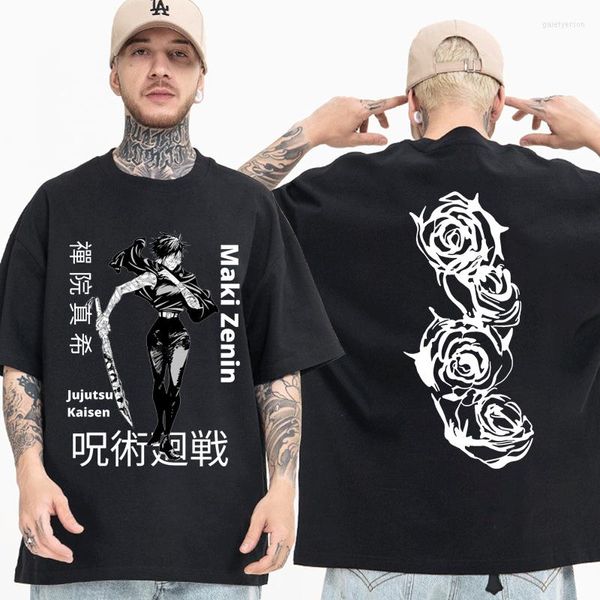 Camisetas de hombre Jujutsu Kaisen Maki Zenin camiseta clásica para hombres mujeres moda de gran tamaño de algodón de manga corta camiseta pareja negro