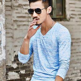 Heren T-shirts Kancoold T-shirt 2023 Trendy Mens Solid V Neck met lange mouwen Shirt Top Slim Fit Summer Stretch Blouse Chemise Homme Jun22