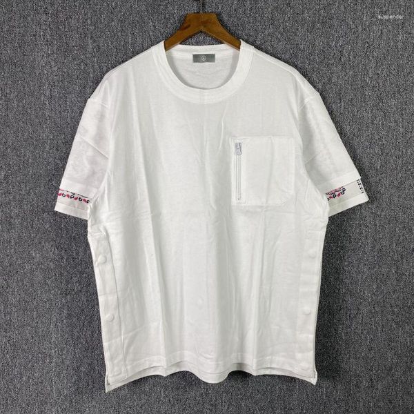 Camisetas de hombre Kapital 2023 Verano Pecho Bolsillo con cremallera Manga en capas Anacardo Flor Casual Camiseta de manga corta de gran tamaño para hombres y mujeres