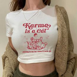 Les t-shirts masculins karma sont un chat de minuit avec un col court imprimé à manches courtes crop top court bleu marine 90S sexy harajuku mode femme décontractée y2kl2403