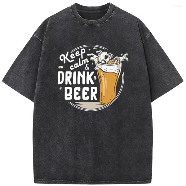 Camisetas para hombre Keep Calm Drink Beer, camiseta estampada para hombre y mujer, moda informal de gran tamaño de los años 90, Vintage, Unisex, lavada vieja