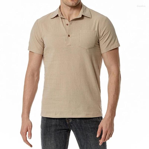 Camisetas para hombre, camiseta de lino y algodón de color caqui, camisa de manga corta con cuello vuelto para hombre, camisetas con botones sólidos de verano con bolsillo de moda para hombre